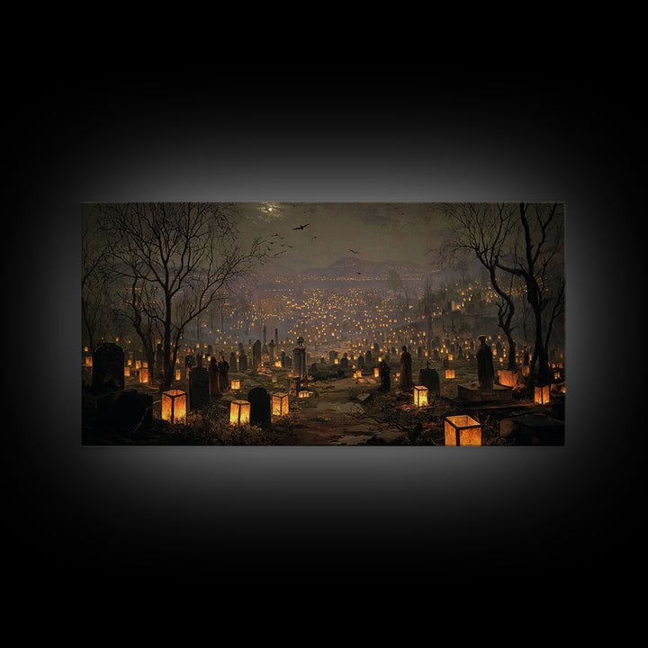The Cemetery Lantern Festival, Romantic Gothic Landscape, Wide Panoramic Art, Dark Fantasy Wall Art, Framed Canvas Print