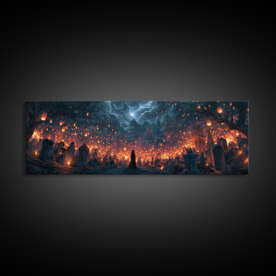 The Cemetery Lantern Festival, Apocalyptic Romantic Art, Extra Wide Wall Art, Dark Fantasy Wall Art, Framed Canvas Print, Halloween Wall Art