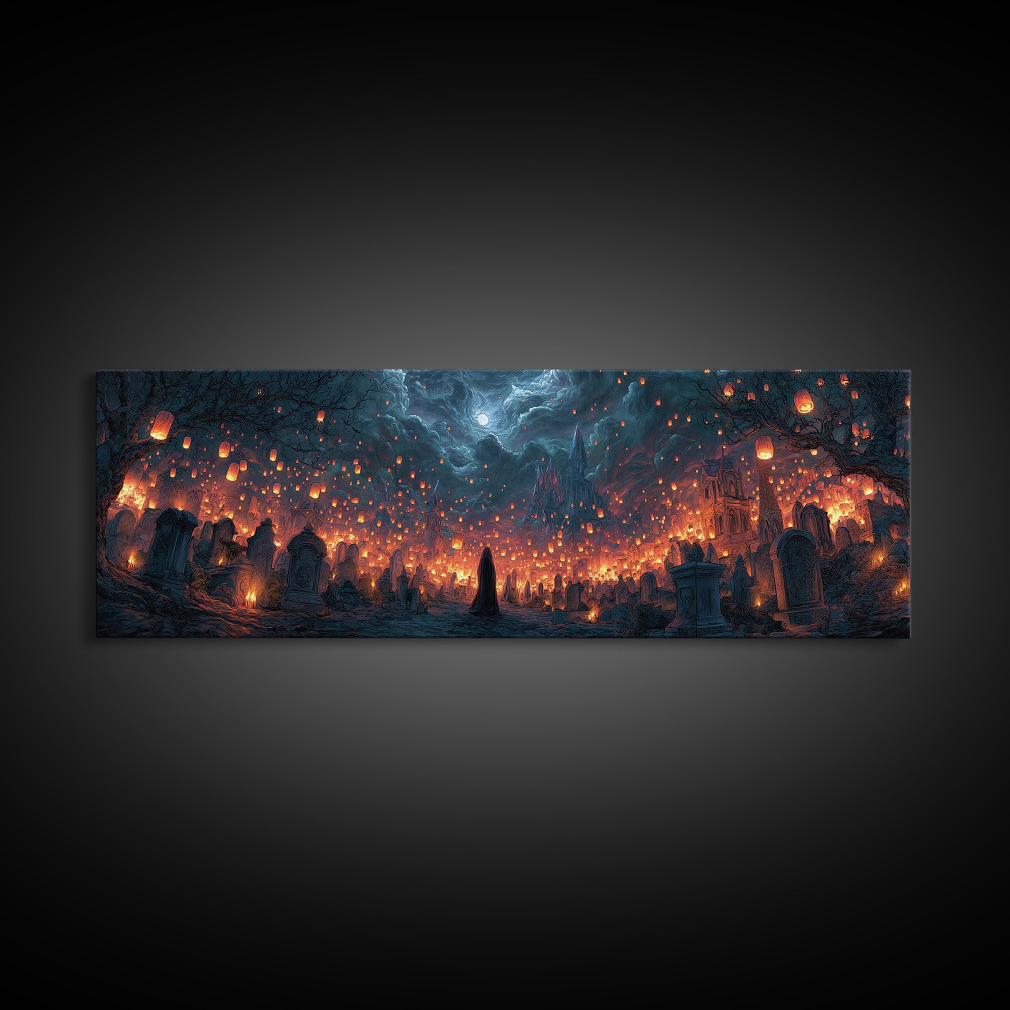 The Cemetery Lantern Festival, Apocalyptic Romantic Art, Extra Wide Wall Art, Dark Fantasy Wall Art, Framed Canvas Print, Halloween Wall Art
