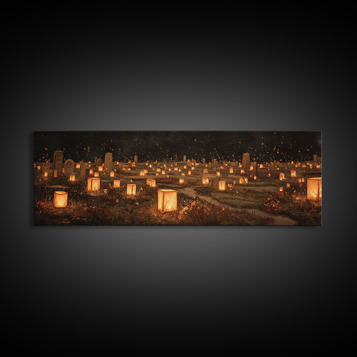 The Cemetery Lantern Festival, Symbolist Dream Art, Extra Wide Wall Art, Dark Fantasy Wall Art, Framed Canvas Print, Halloween Decor