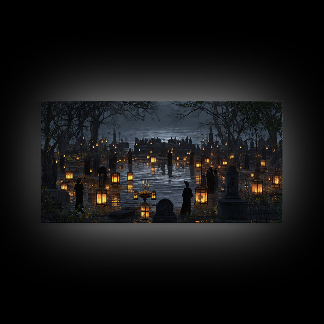 The Cemetery Lantern Festival, Symbolist Gothic Landscape, Wide Panoramic Art, Dark Fantasy Wall Art, Canvas Print, Halloween Wall Art