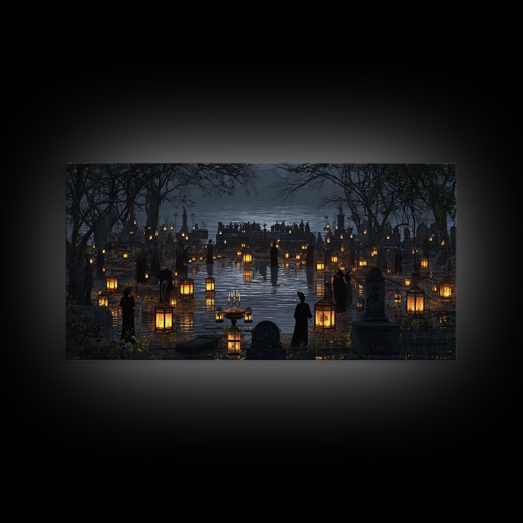 The Cemetery Lantern Festival, Symbolist Gothic Landscape, Wide Panoramic Art, Dark Fantasy Wall Art, Canvas Print, Halloween Wall Art