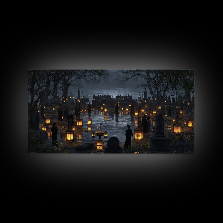 The Cemetery Lantern Festival, Symbolist Gothic Landscape, Wide Panoramic Art, Dark Fantasy Wall Art, Canvas Print, Halloween Wall Art