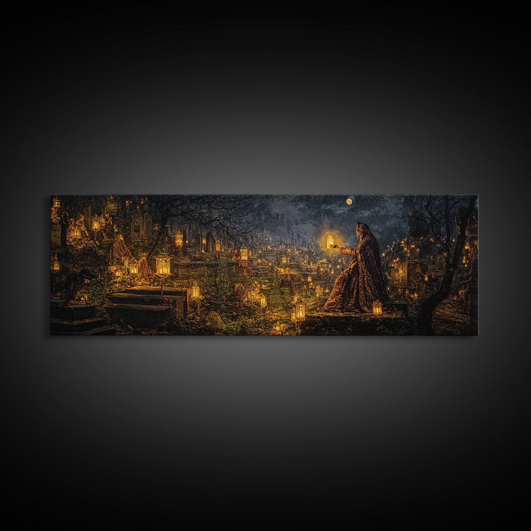 The Cemetery Lantern Festival, Ornate Symbolist Art, Extra Wide Wall Art, Macabre Wall Art, Canvas Print, Halloween Wall Art