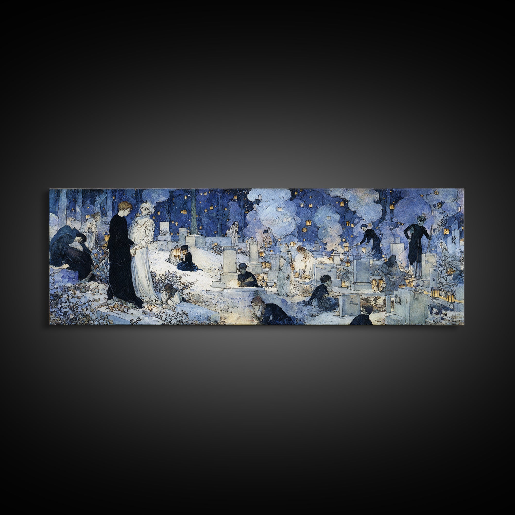 The Cemetery Lantern Festival, Symbolist Death Art, Extra Wide Wall Art, Macabre Wall Art, Framed Canvas Print, Halloween Wall Art