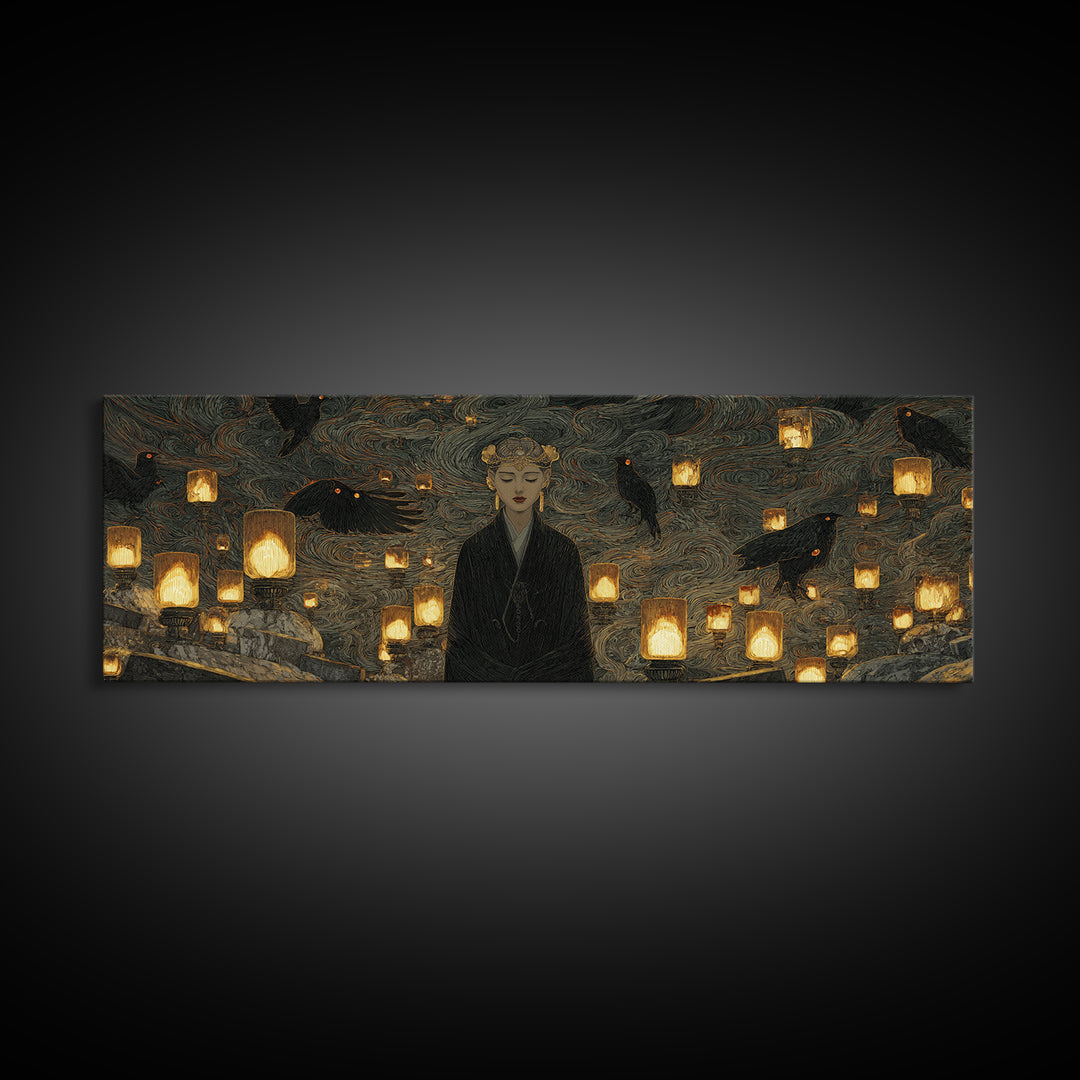 The Cemetery Lantern Festival, Dark Symbolist Art, Extra Wide Wall Art, Macabre Wall Art, Canvas Print, Halloween Wall Art