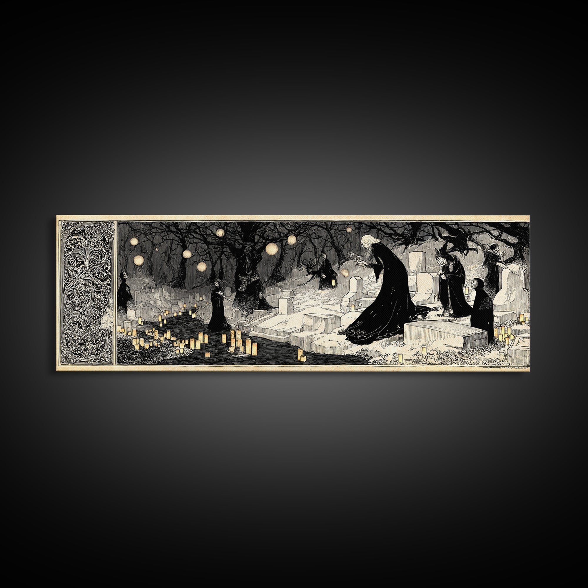 The Cemetery Lantern Festival, Decadent Line Art, Extra Wide Wall Art, Macabre Wall Art, Framed Canvas Print, Halloween Wall Art