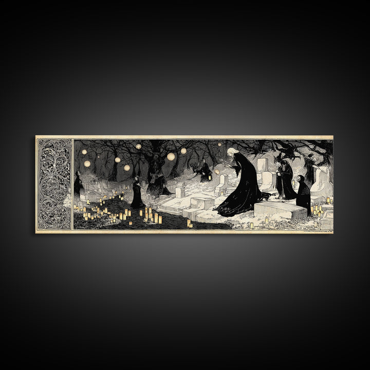 The Cemetery Lantern Festival, Decadent Line Art, Extra Wide Wall Art, Macabre Wall Art, Framed Canvas Print, Halloween Wall Art