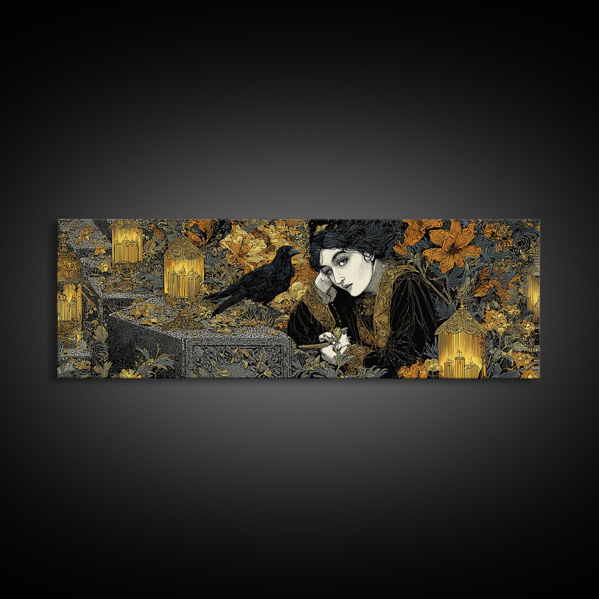 The Cemetery Lantern Festival, Stained Glass Gothic Art, Extra Wide Wall Art, Dark Halloween Decor, Framed Canvas Print, Halloween Wall Art