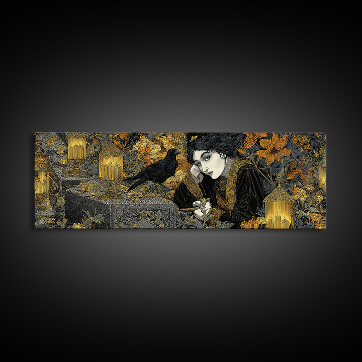 The Cemetery Lantern Festival, Stained Glass Gothic Art, Extra Wide Wall Art, Dark Halloween Decor, Framed Canvas Print, Halloween Wall Art