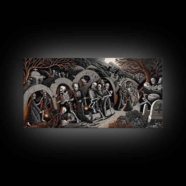 The Cemetery Lantern Festival, Macabre Folk Print Art, Wide Panoramic Art, Dark Halloween Decor, Framed Canvas Print