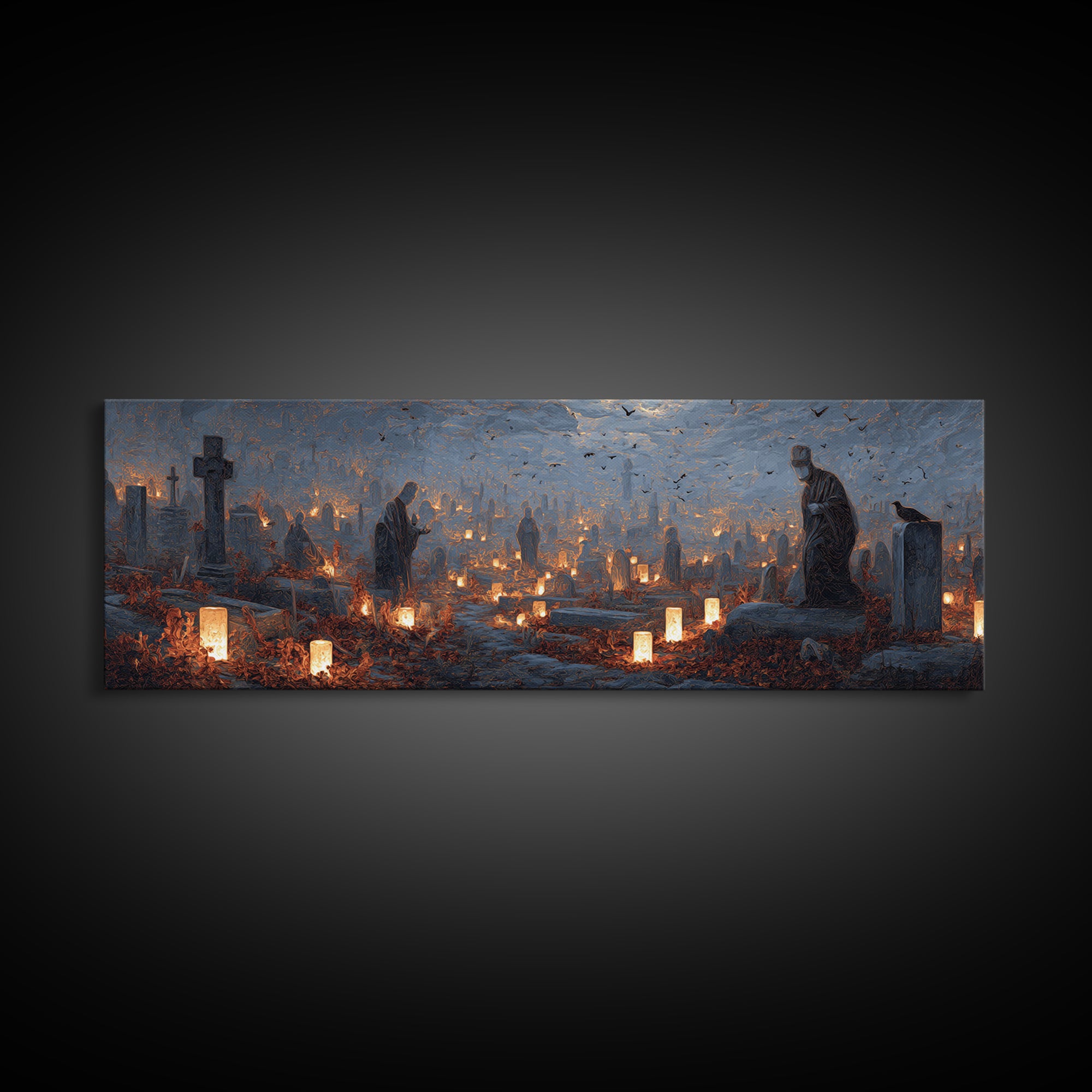 The Cemetery Lantern Festival, Surreal Apocalyptic Art, Extra Wide Wall Art, Gothic Horror Wall Art, Canvas Print, Halloween Decor