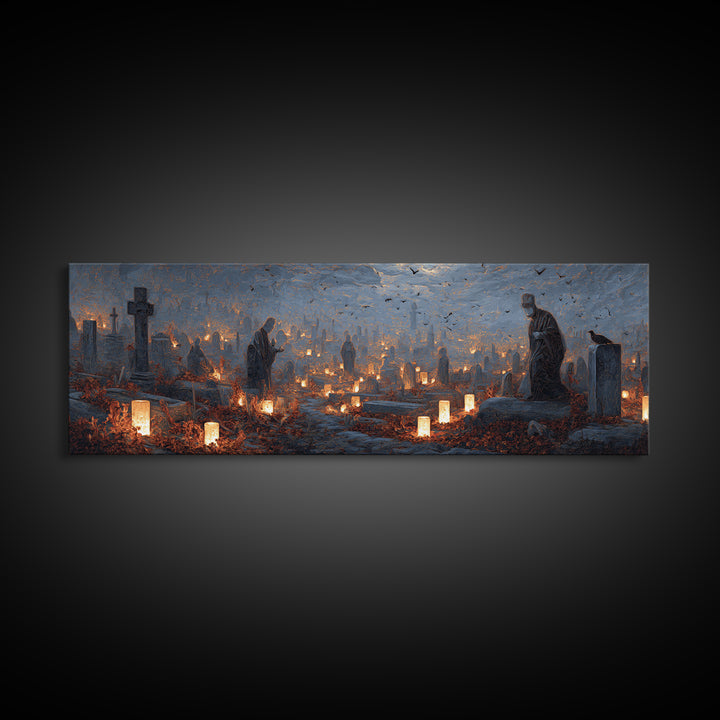 The Cemetery Lantern Festival, Surreal Apocalyptic Art, Extra Wide Wall Art, Gothic Horror Wall Art, Canvas Print, Halloween Decor