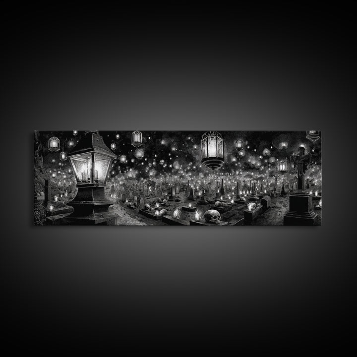 The Cemetery Lantern Festival, Biomechanical Horror Art, Extra Wide Wall Art, Gothic Horror Wall Art, Framed Canvas Print