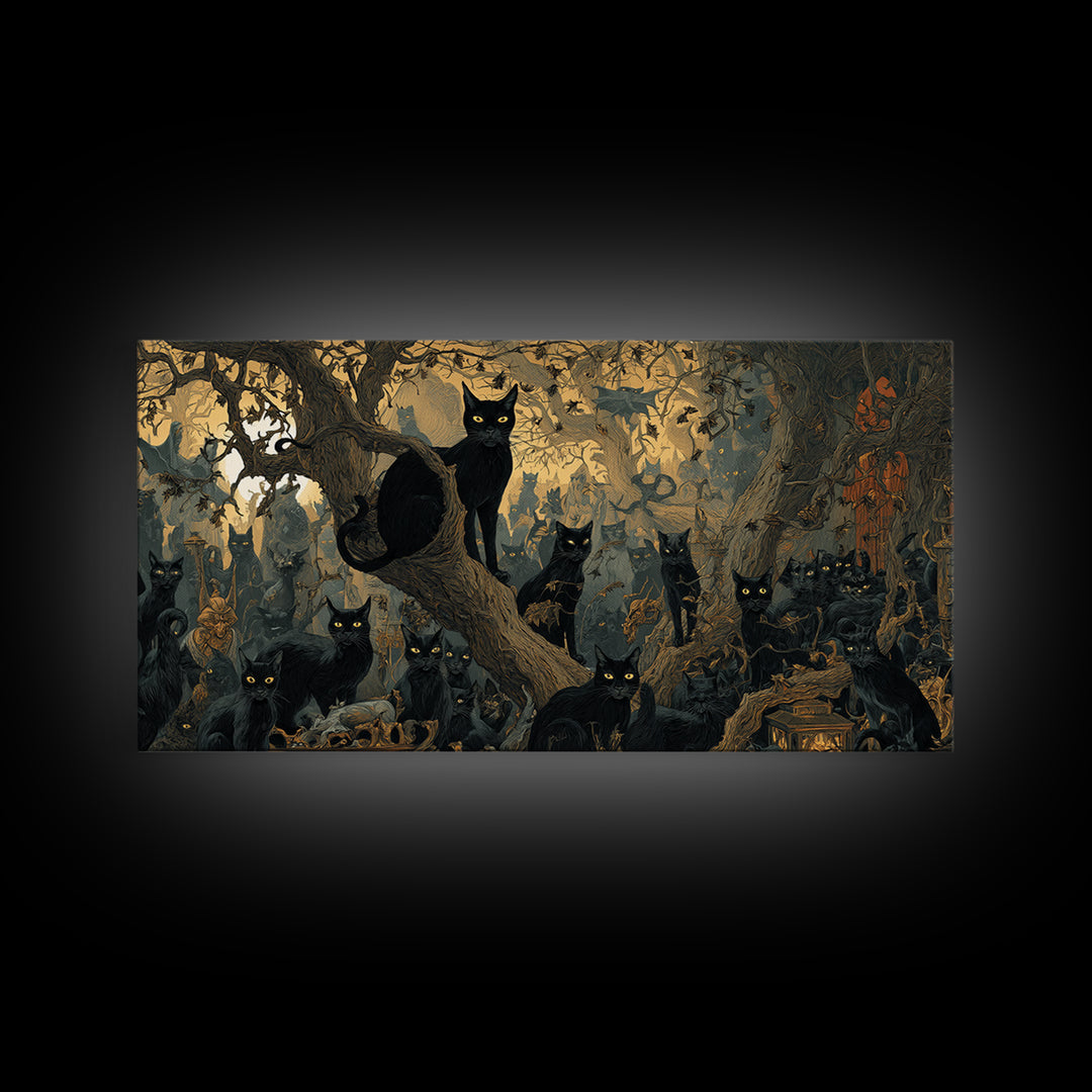 The Black Cat Gathering, Medieval Grotesque Art, Wide Panoramic Art, Dark Fantasy Wall Art, Canvas Print, Halloween Wall Art