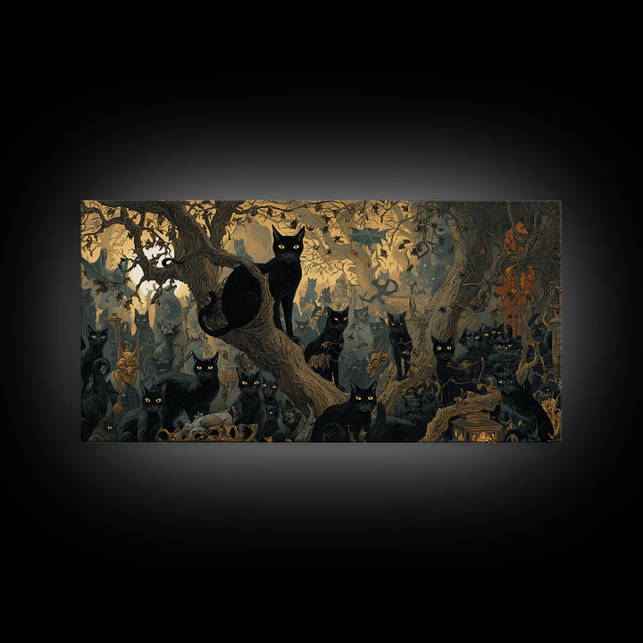 The Black Cat Gathering, Medieval Grotesque Art, Wide Panoramic Art, Dark Fantasy Wall Art, Canvas Print, Halloween Wall Art