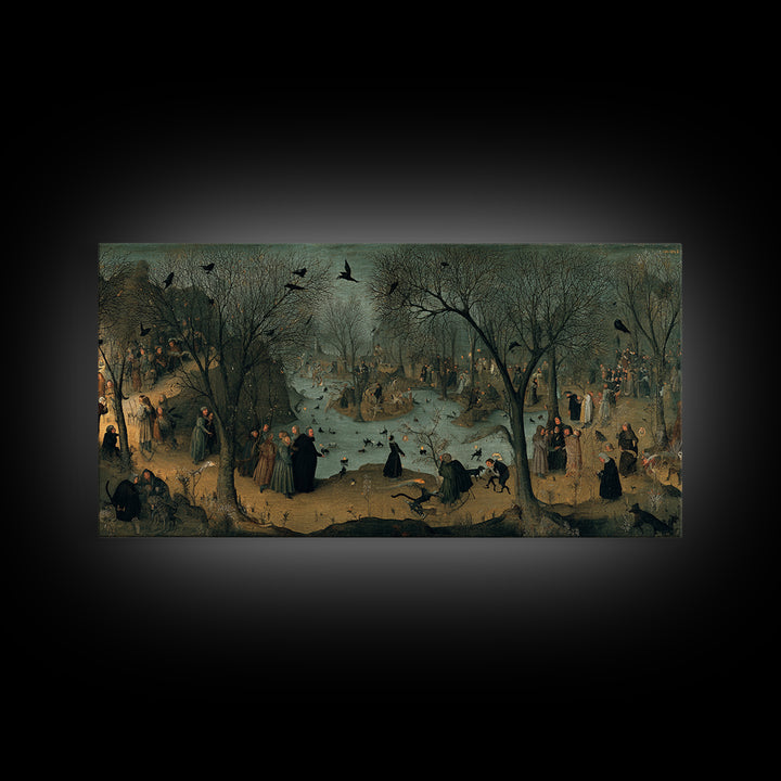 The Black Cat Gathering, Northern Renaissance Horror, Wide Panoramic Art, Gothic Horror Wall Art, Framed Canvas Print