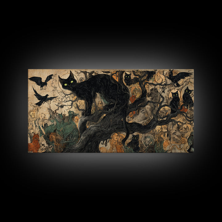 The Black Cat Gathering, Dark Renaissance Art, Wide Panoramic Art, Dark Halloween Decor, Canvas Print, Halloween Wall Art