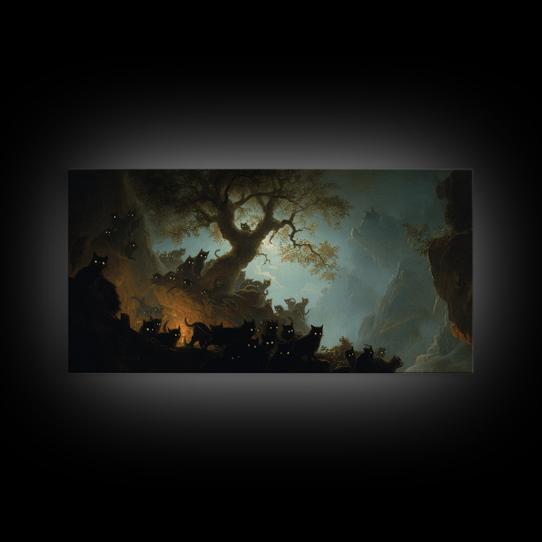 The Black Cat Gathering, Baroque Witchcraft Art, Wide Panoramic Art, Dark Fantasy Wall Art, Framed Canvas Print, Halloween Wall Art