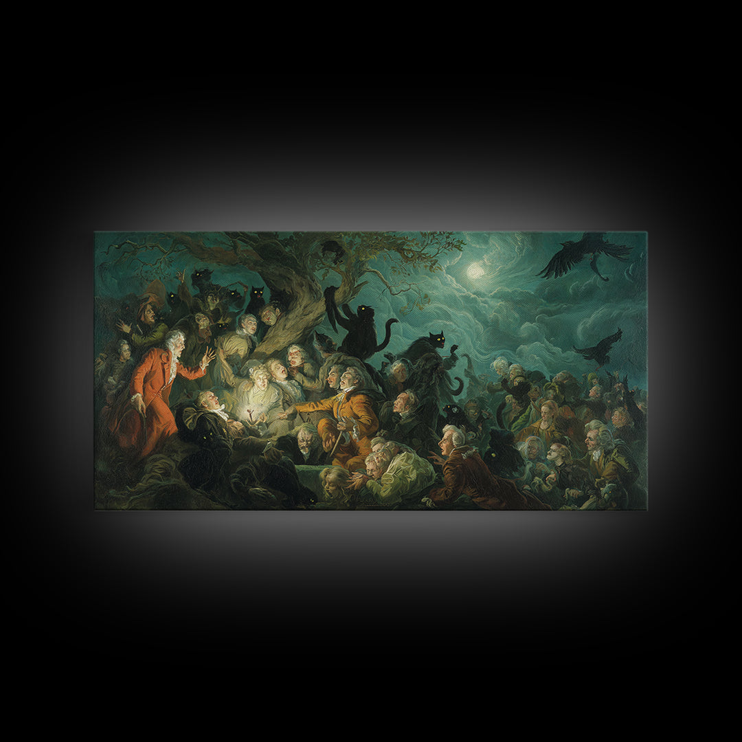 The Black Cat Gathering, Gothic Nightmare Art, Wide Panoramic Art, Macabre Wall Art, Canvas Print, Halloween Wall Art
