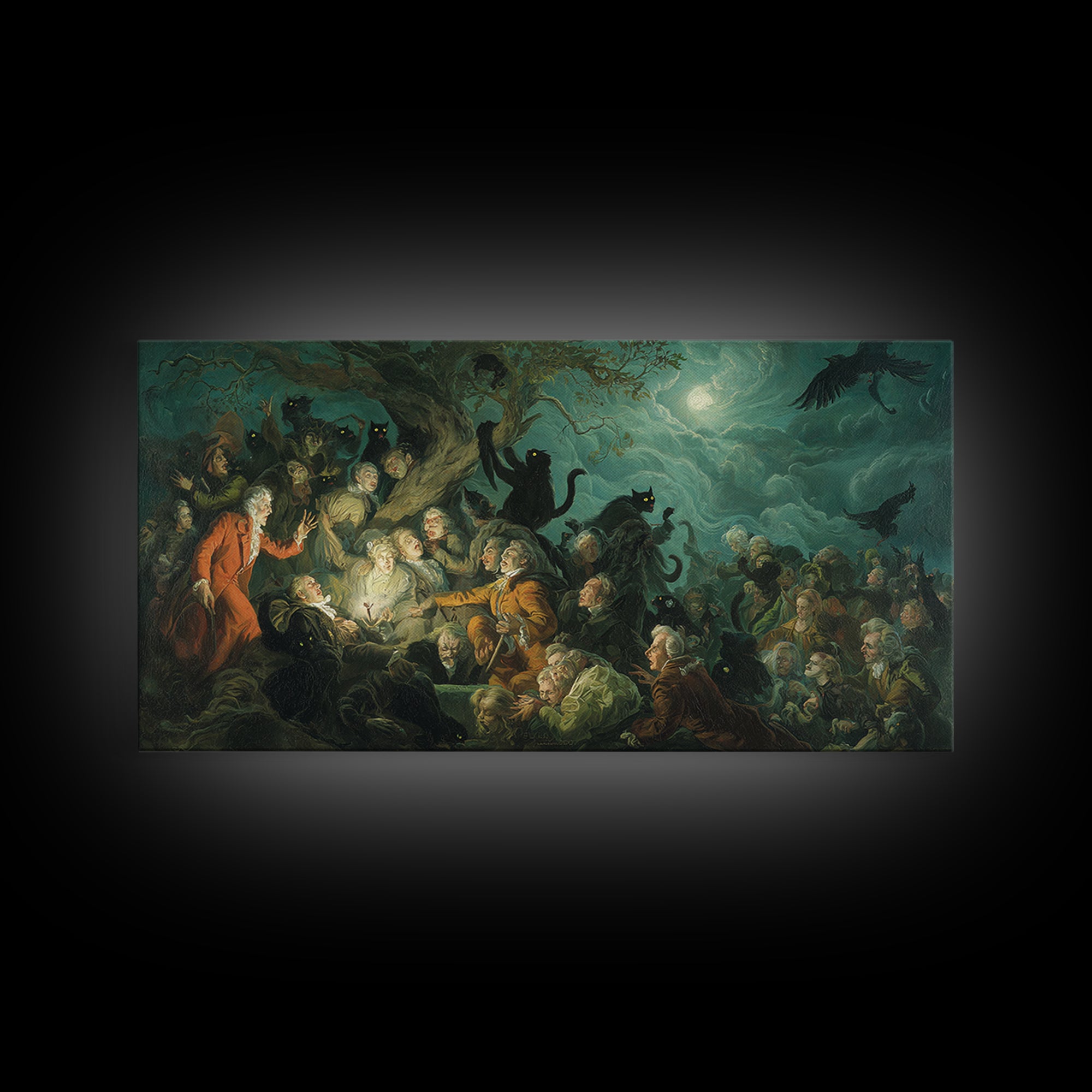 The Black Cat Gathering, Gothic Nightmare Art, Wide Panoramic Art, Macabre Wall Art, Canvas Print, Halloween Wall Art