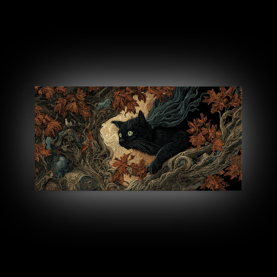 The Black Cat Gathering, Visionary Gothic Art, Wide Panoramic Art, Dark Halloween Decor, Framed Canvas Print, Halloween Wall Art