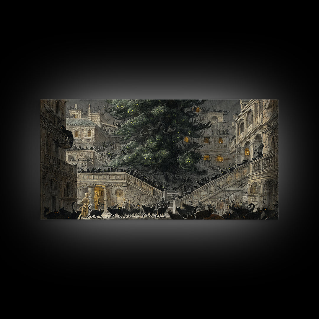 The Black Cat Gathering, Architectural Etching Art, Wide Panoramic Art, Macabre Wall Art, Canvas Print, Halloween Wall Art