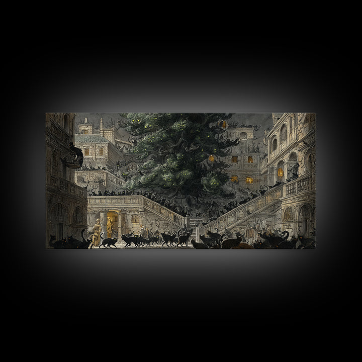 The Black Cat Gathering, Architectural Etching Art, Wide Panoramic Art, Macabre Wall Art, Canvas Print, Halloween Wall Art