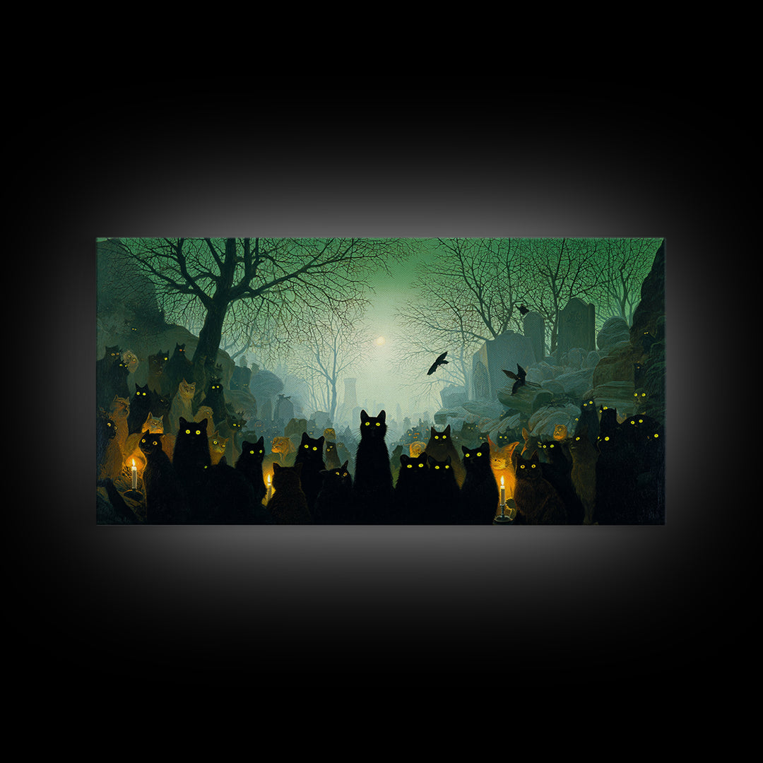 The Black Cat Gathering, Romantic Gothic Landscape, Wide Panoramic Art, Dark Fantasy Wall Art, Canvas Print, Halloween Wall Art