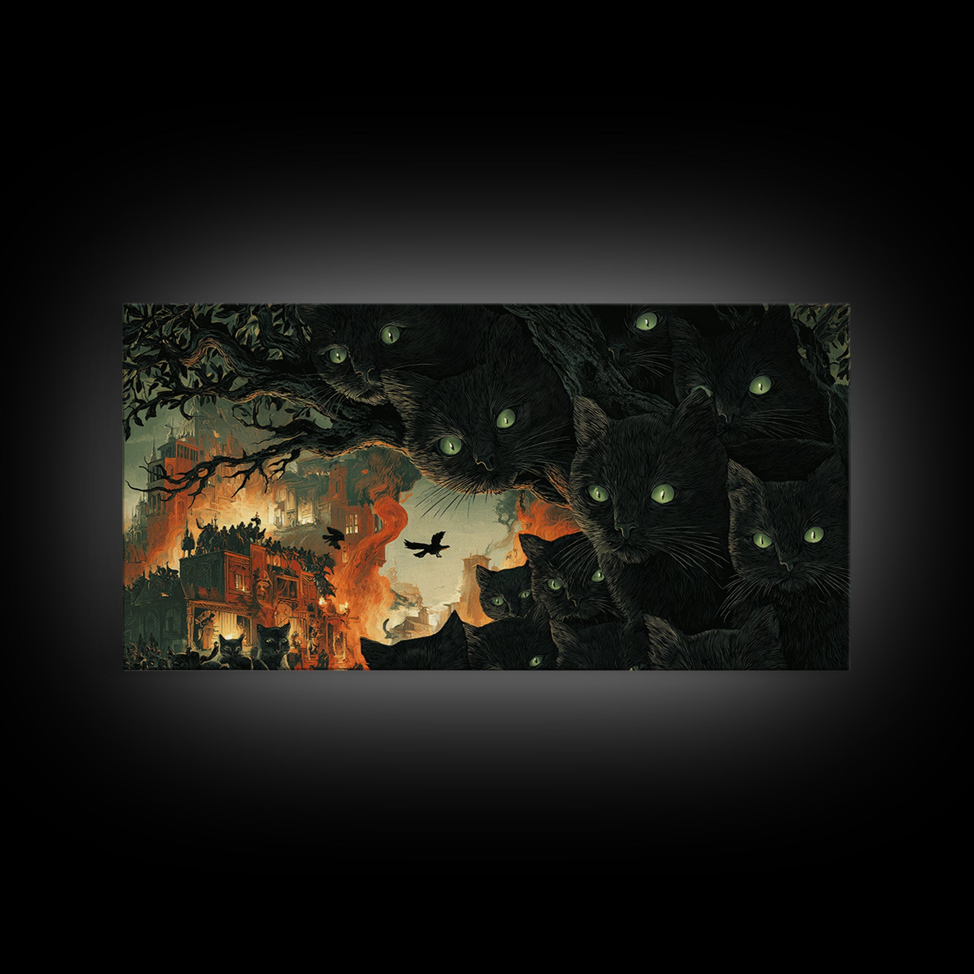 The Black Cat Gathering, Apocalyptic Romantic Art, Wide Panoramic Art, Macabre Wall Art, Framed Canvas Print, Halloween Wall Art