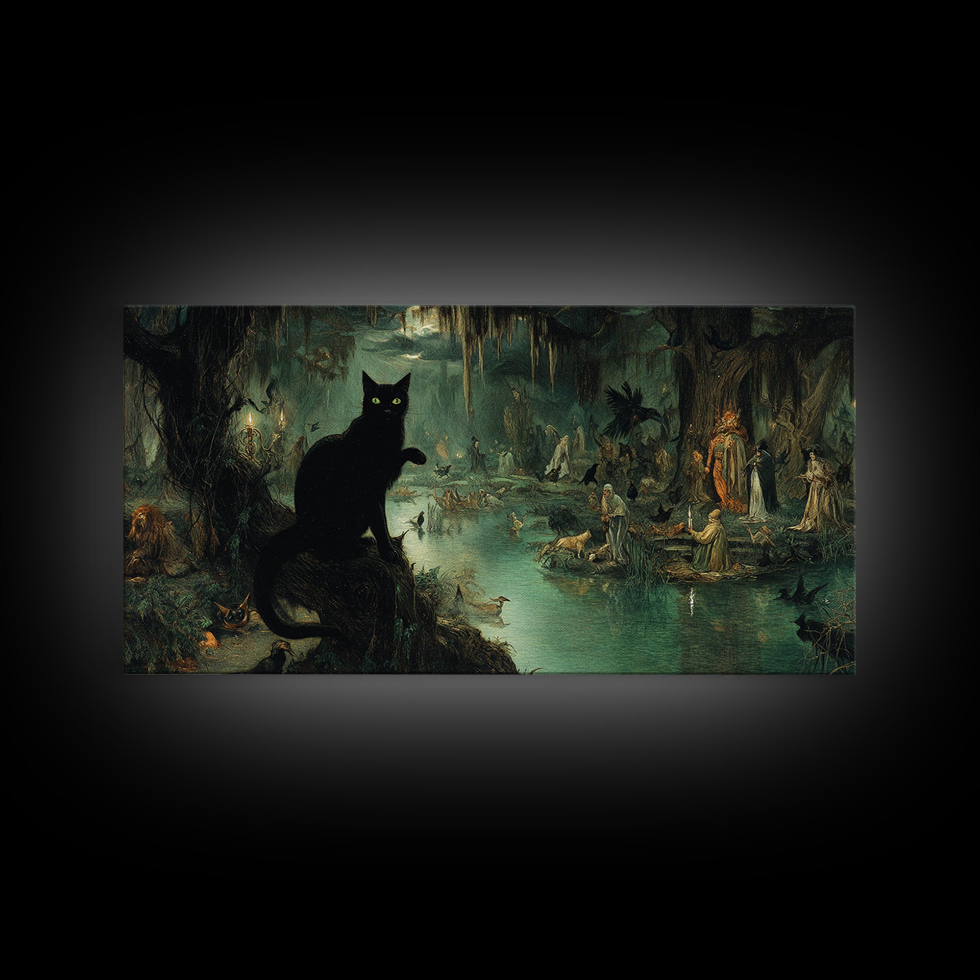 The Black Cat Gathering, Symbolist Gothic Landscape, Wide Panoramic Art, Dark Fantasy Wall Art, Framed Canvas Print, Halloween Wall Art