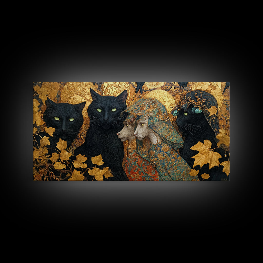 The Black Cat Gathering, Ornate Symbolist Art, Wide Panoramic Art, Gothic Horror Wall Art, Canvas Print, Halloween Wall Art
