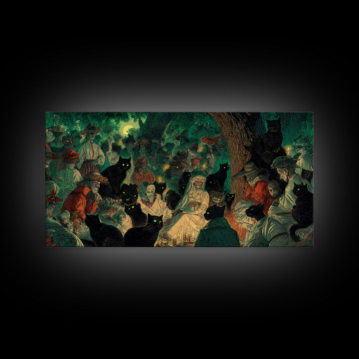The Black Cat Gathering, Decadent Gothic Art, Wide Panoramic Art, Gothic Horror Wall Art, Canvas Print, Halloween Wall Art
