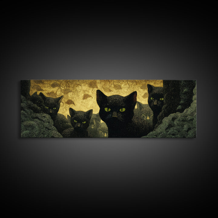 The Black Cat Gathering, Dark Symbolist Art, Extra Wide Wall Art, Dark Fantasy Wall Art, Canvas Print, Halloween Wall Art