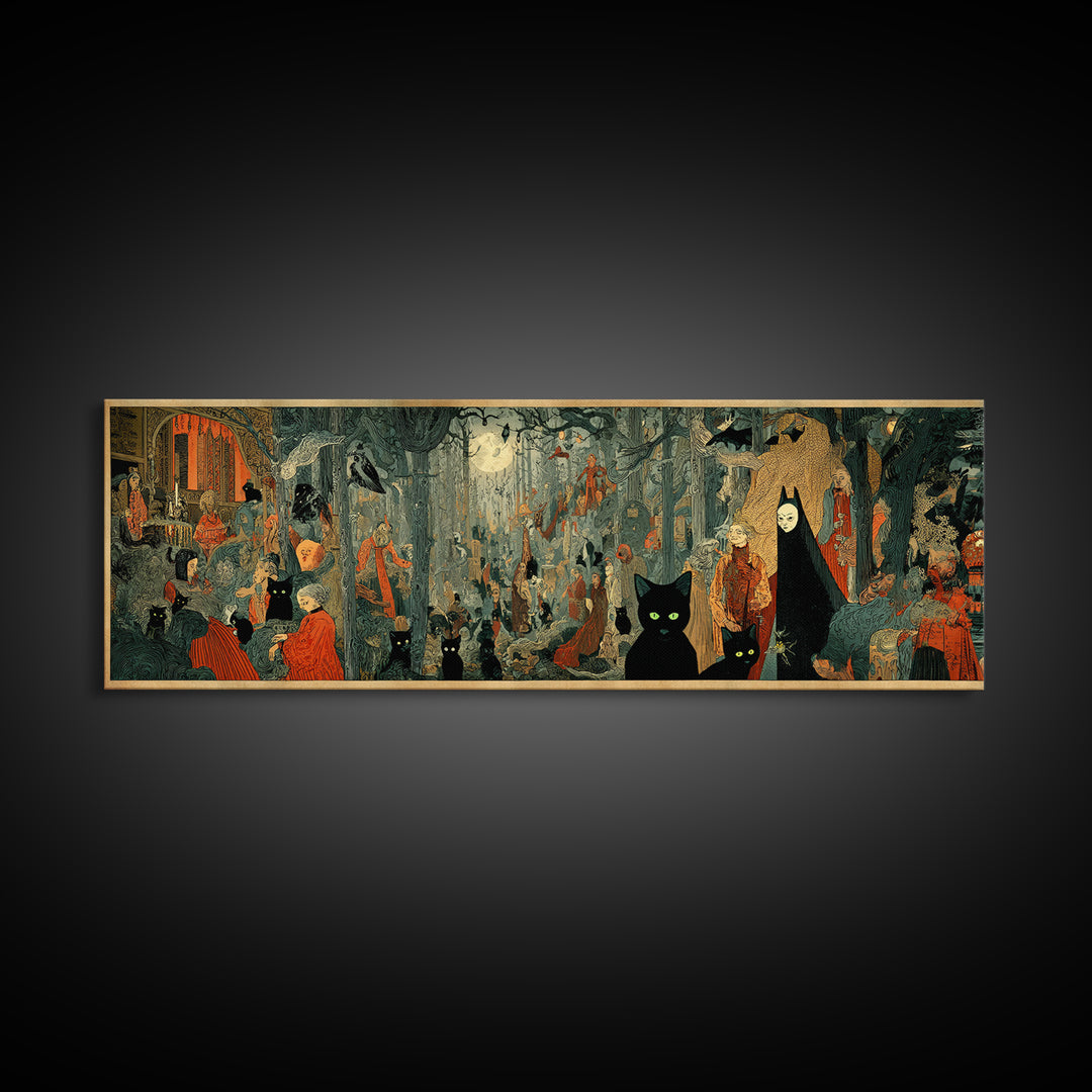 The Black Cat Gathering, Symbolist Etching Art, Extra Wide Wall Art, Macabre Wall Art, Canvas Print, Halloween Wall Art