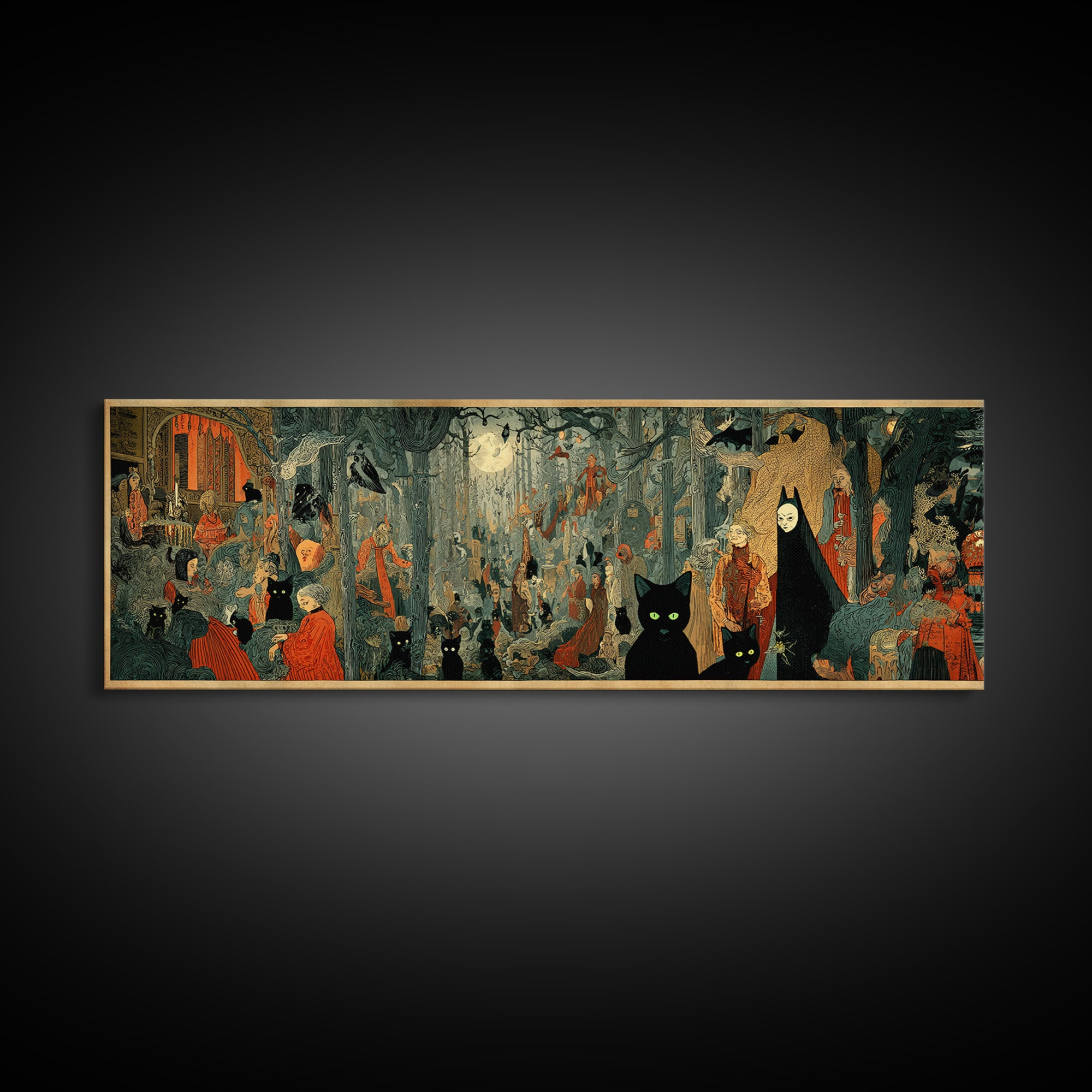 The Black Cat Gathering, Symbolist Etching Art, Extra Wide Wall Art, Macabre Wall Art, Canvas Print, Halloween Wall Art