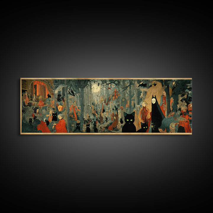 The Black Cat Gathering, Symbolist Etching Art, Extra Wide Wall Art, Macabre Wall Art, Canvas Print, Halloween Wall Art