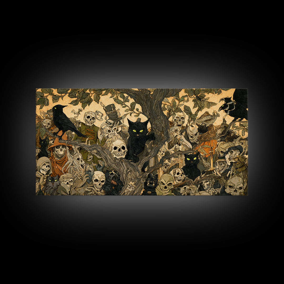 The Black Cat Gathering, Grotesque Carnival Art, Wide Panoramic Art, Dark Halloween Decor, Framed Canvas Print, Halloween Wall Art