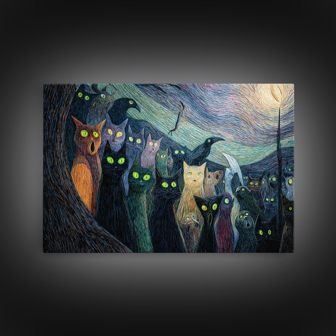 The Black Cat Gathering, Expressionist Gothic Art, Landscape Wall Art, Dark Halloween Decor, Canvas Print, Halloween Wall Art