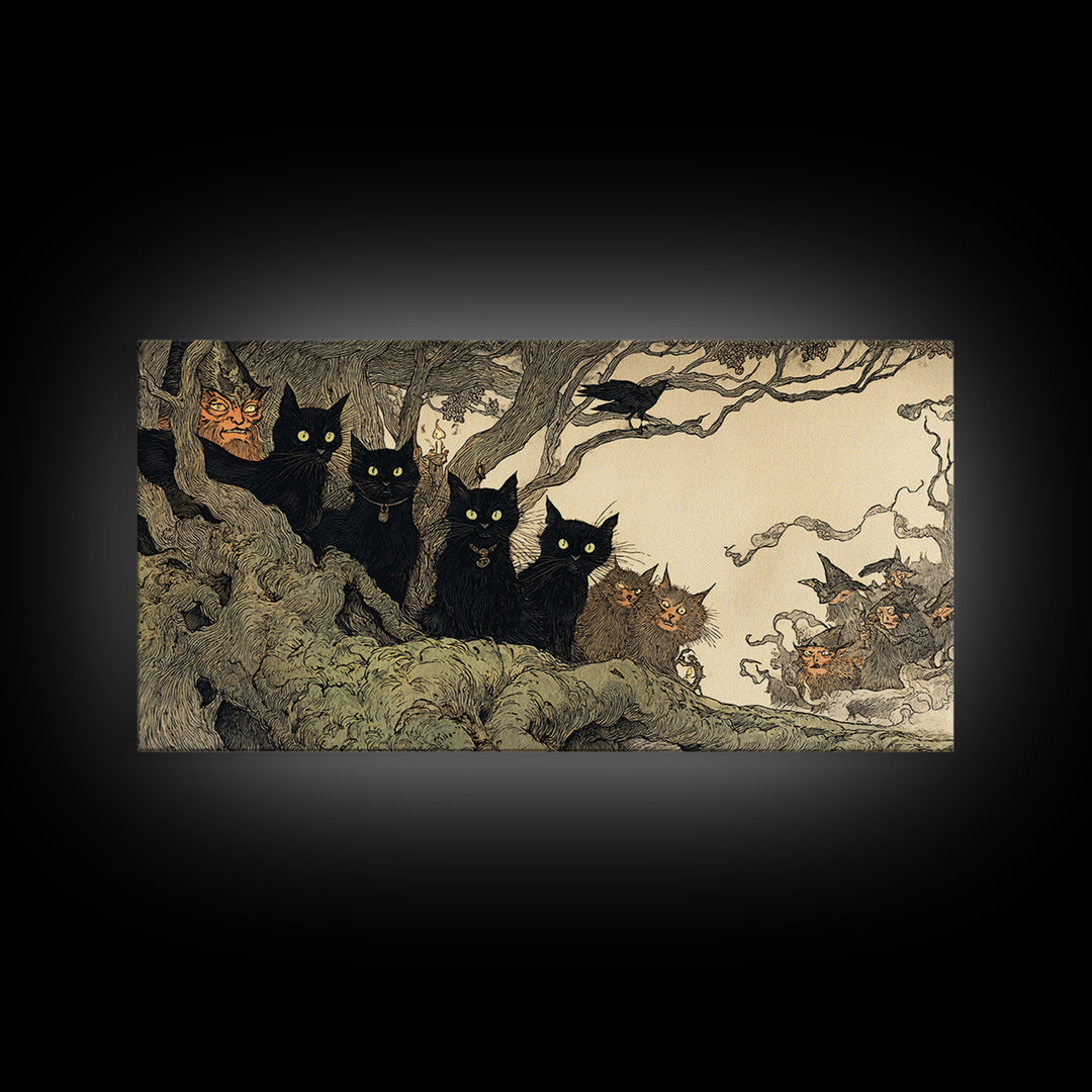 The Black Cat Gathering, Gothic Storybook Art, Wide Panoramic Art, Dark Halloween Decor, Framed Canvas Print, Halloween Wall Art