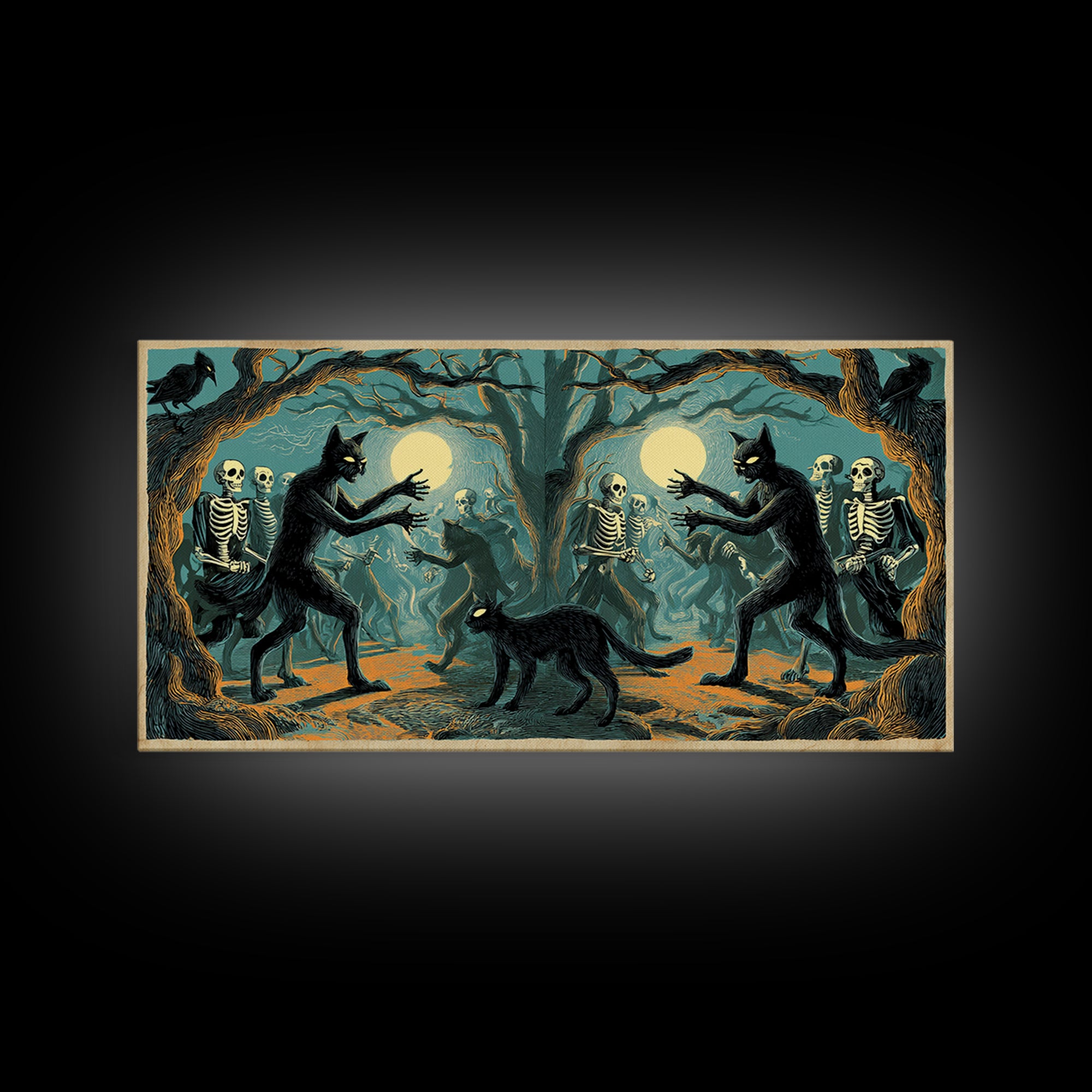 The Black Cat Gathering, Macabre Folk Print Art, Wide Panoramic Art, Macabre Wall Art, Framed Canvas Print, Halloween Wall Art