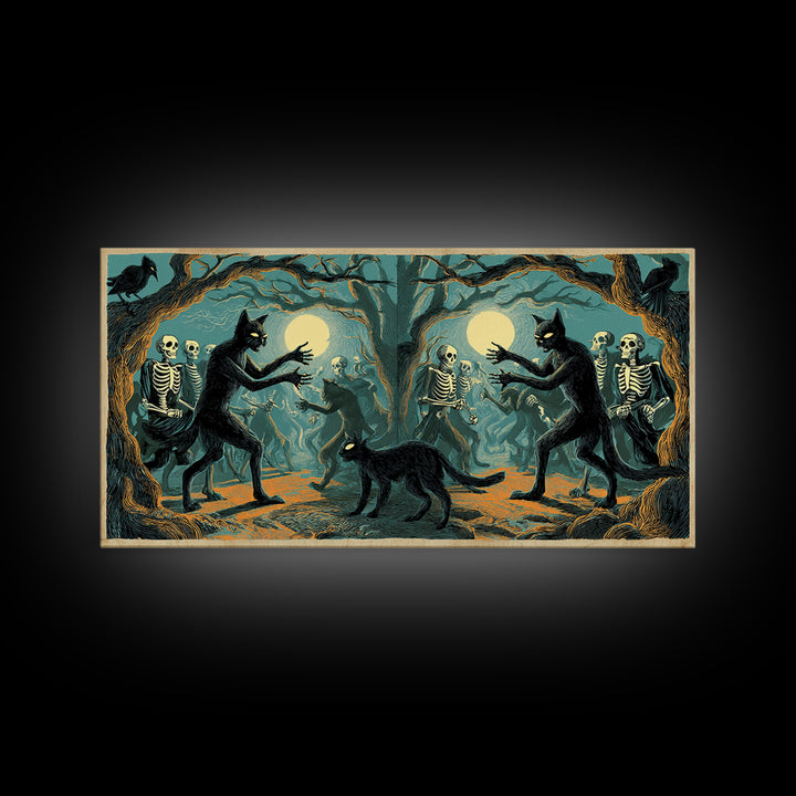 The Black Cat Gathering, Macabre Folk Print Art, Wide Panoramic Art, Macabre Wall Art, Framed Canvas Print, Halloween Wall Art