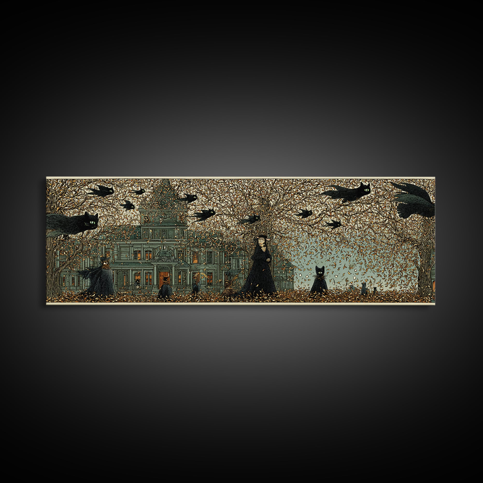 The Black Cat Gathering, Victorian Macabre Art, Extra Wide Wall Art, Dark Halloween Decor, Canvas Print, Halloween Wall Art