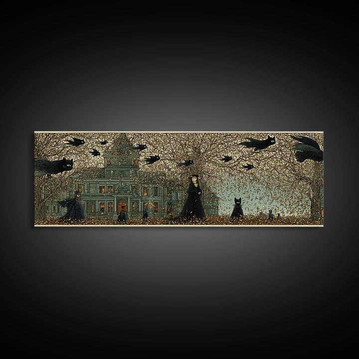 The Black Cat Gathering, Victorian Macabre Art, Extra Wide Wall Art, Dark Halloween Decor, Canvas Print, Halloween Wall Art