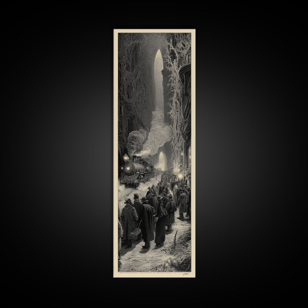 The Ghost Train Arrival, Gothic Engraving Art, Tall Narrow Wall Art, Dark Fantasy Wall Art, Canvas Print, Halloween Wall Art
