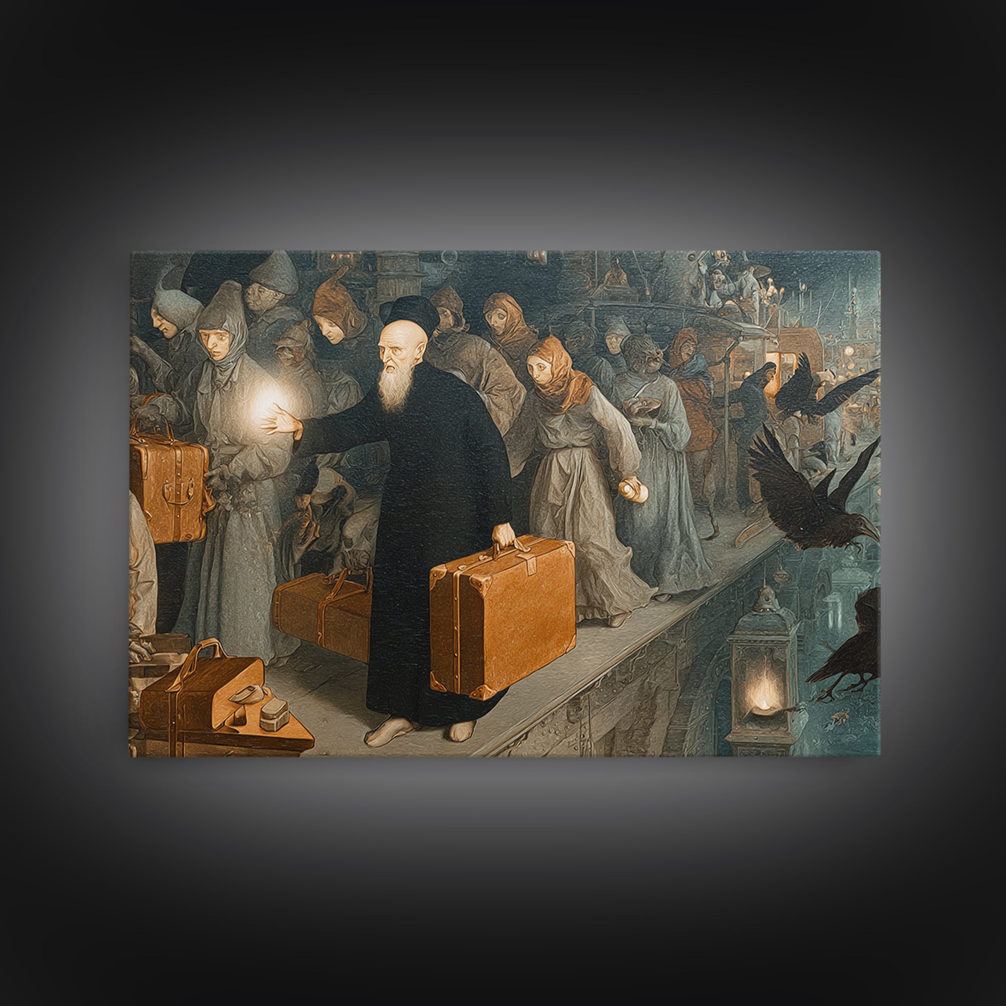 The Ghost Train Arrival, Medieval Grotesque Art, Landscape Wall Art, Dark Halloween Decor, Framed Canvas Print, Halloween Wall Art