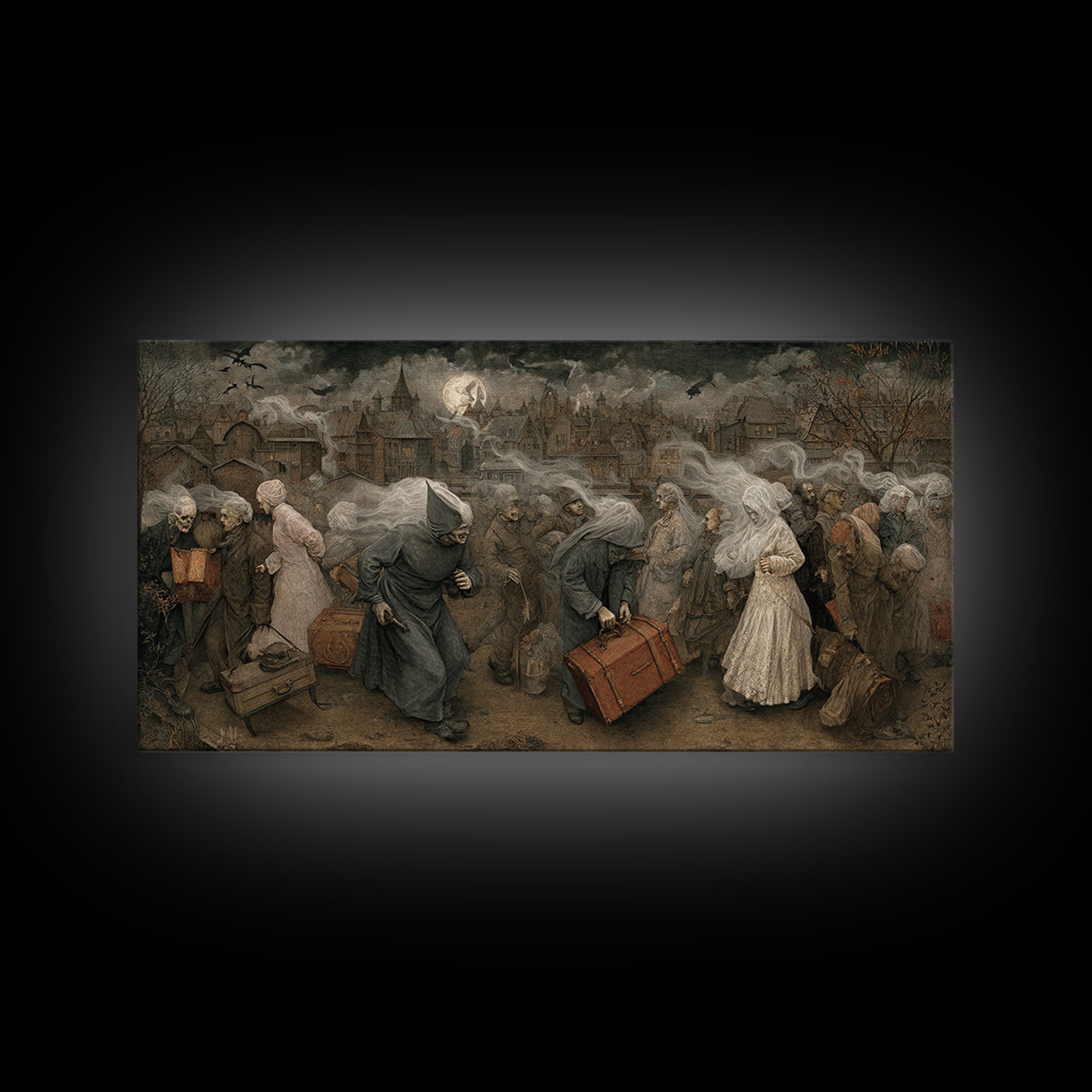 The Ghost Train Arrival, Northern Renaissance Horror, Wide Panoramic Art, Gothic Horror Wall Art, Framed Canvas Print