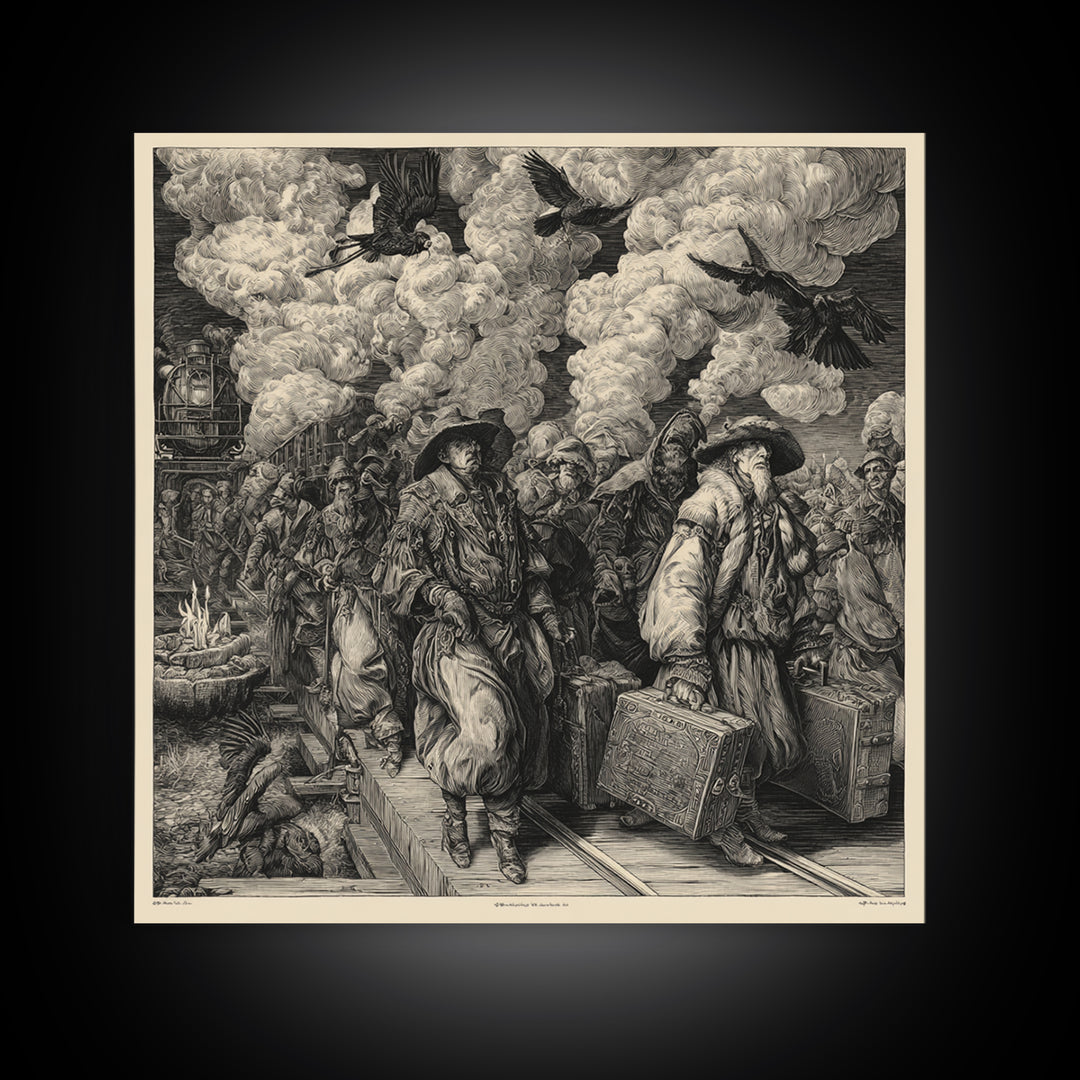 The Ghost Train Arrival, Renaissance Engraving Art, Square Wall Art, Dark Halloween Decor, Framed Canvas Print, Halloween Wall Art
