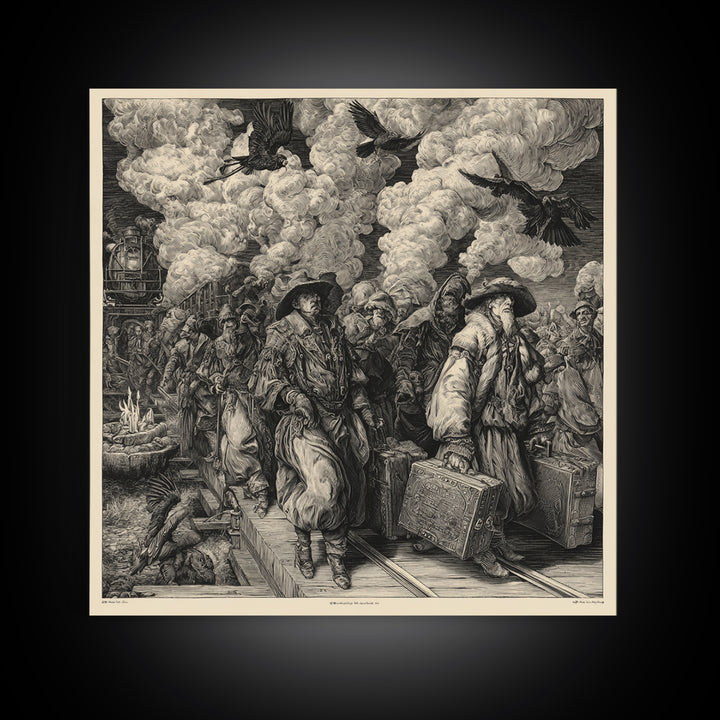 The Ghost Train Arrival, Renaissance Engraving Art, Square Wall Art, Dark Halloween Decor, Framed Canvas Print, Halloween Wall Art