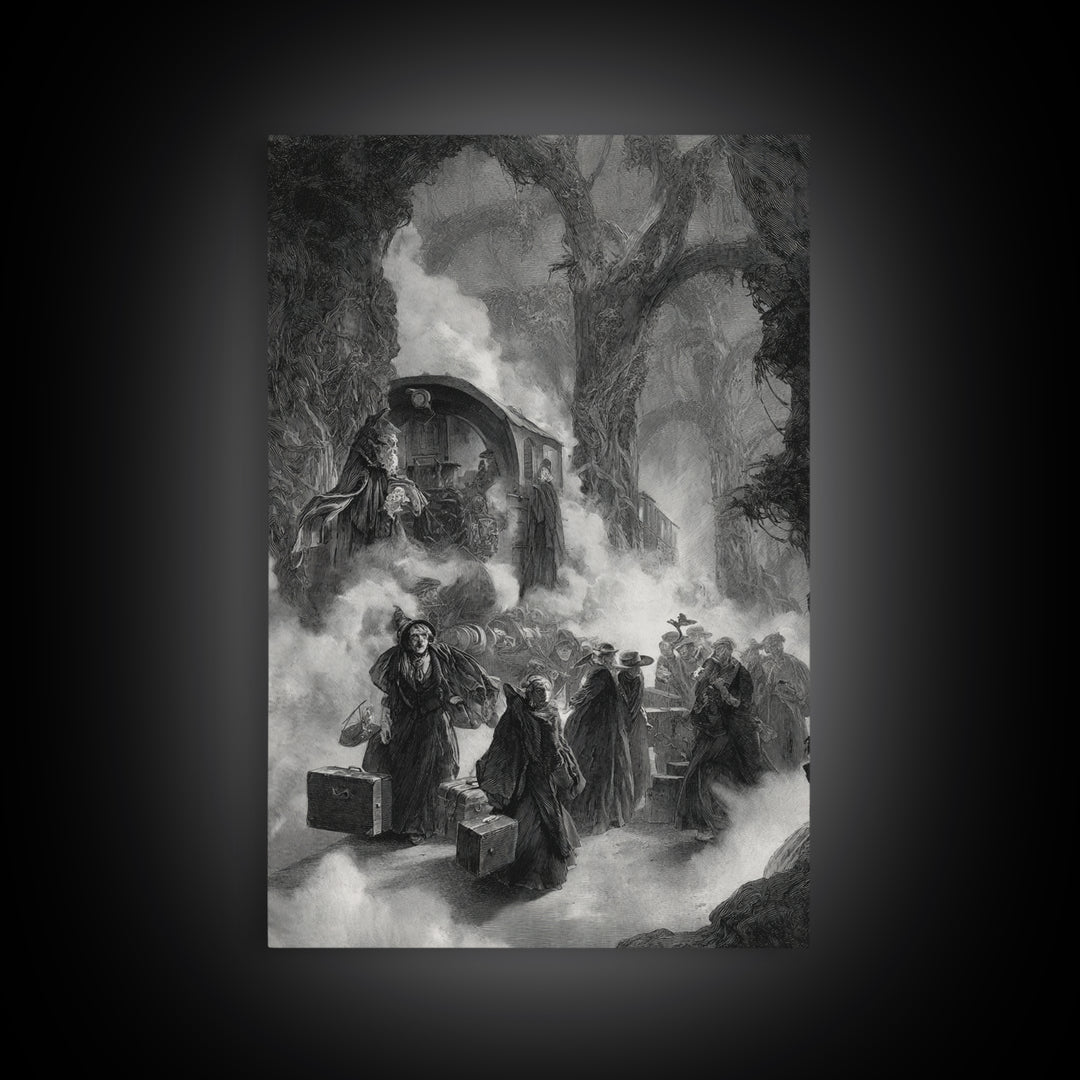 The Ghost Train Arrival, Baroque Witchcraft Art, Vertical Wall Art, Dark Halloween Decor, Canvas Print, Halloween Wall Art